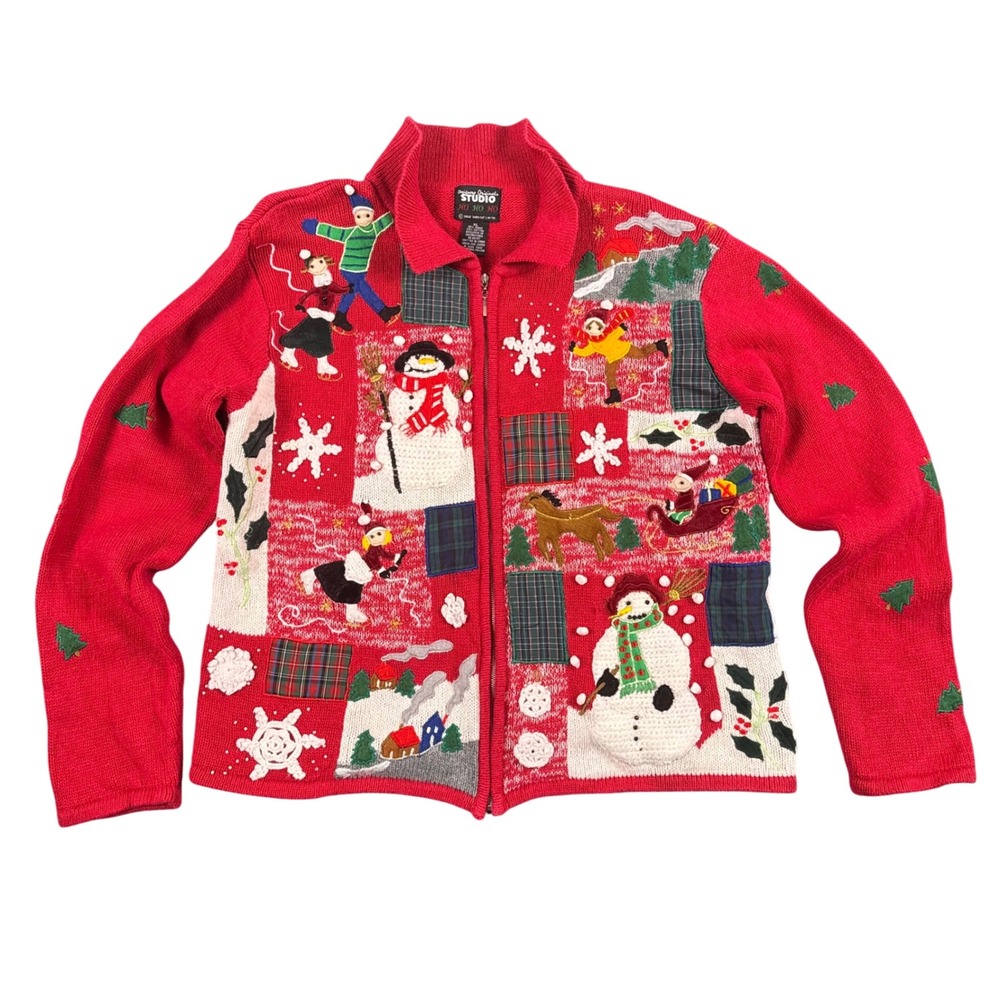 Vintage Ugly Christmas Sweater Ice Skating Snowman Maximalist Cardigan‎ XL 886